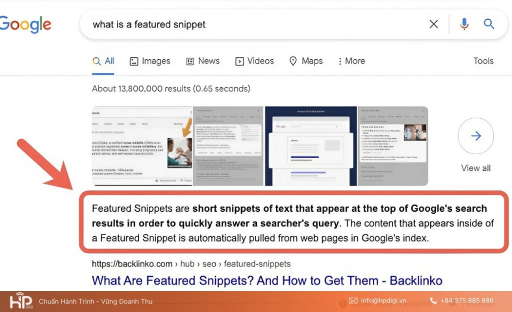 Featured Snippets giúp bài viết xuất hiện nổi bật trên Google, tăng khả năng hiển thị, thu hút nhấp chuột và khẳng định uy tín, tạo lợi thế cạnh tranh hiệu quả